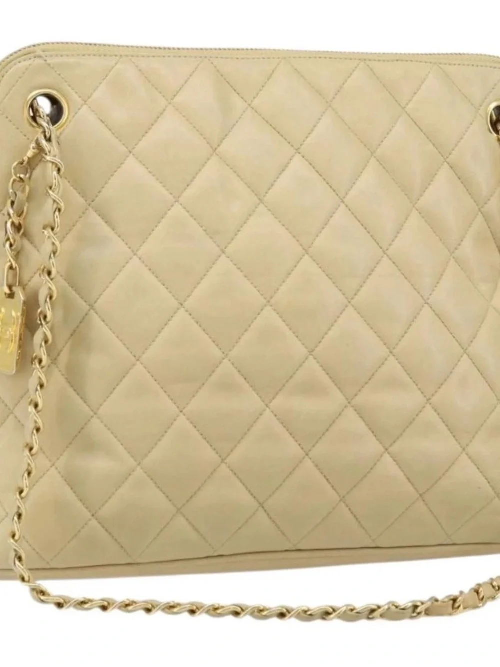 CHANEL Matelasse Chain Shoulder Tote Bag Lamb Skin Beige Gold CC Auth